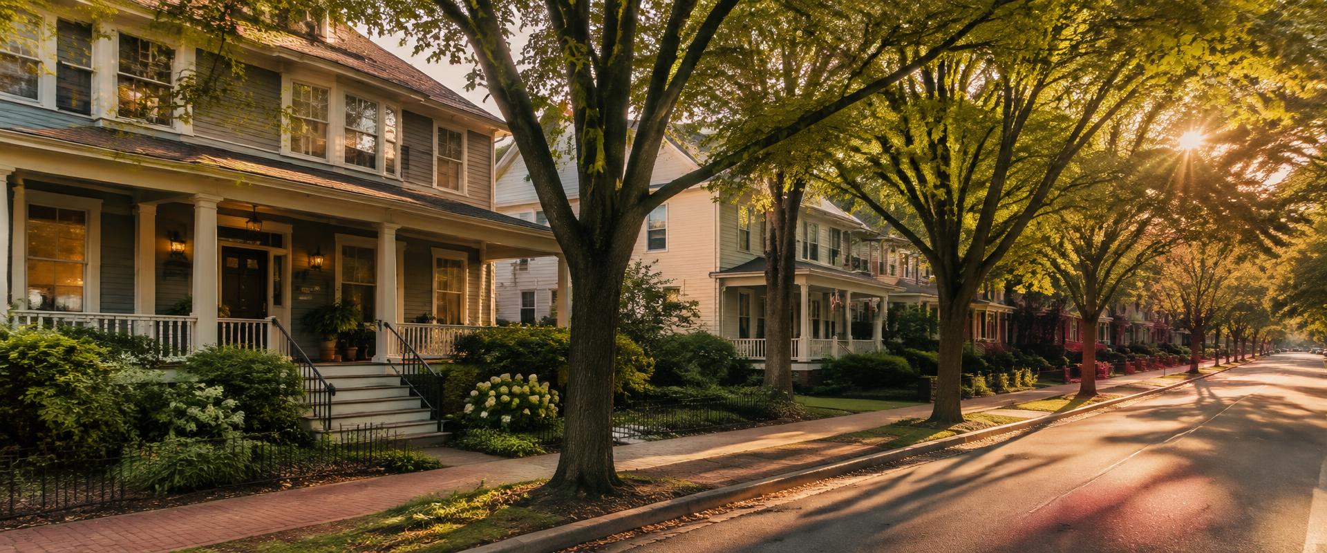 Tree-lined residential street with porched homes at golden hour